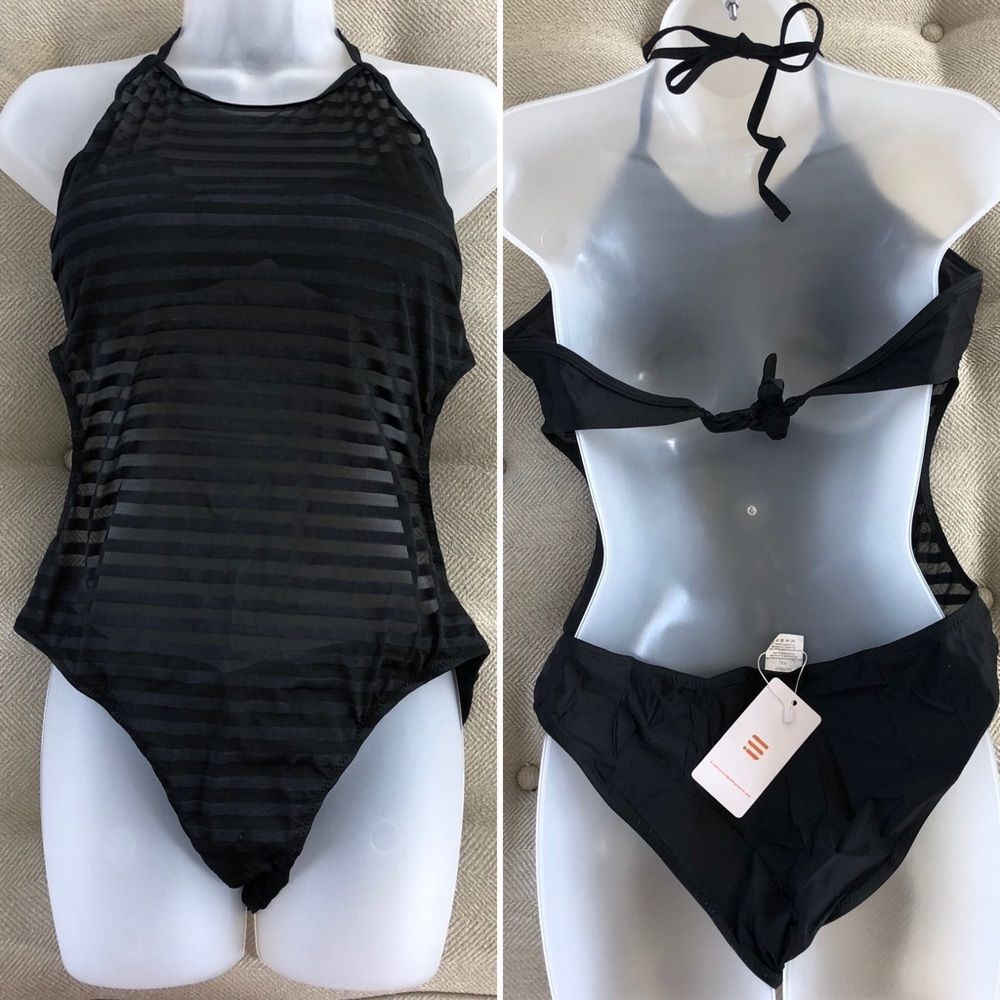 SelfieGo Black Tonal Stripe 1pc Swimsuit XXL
